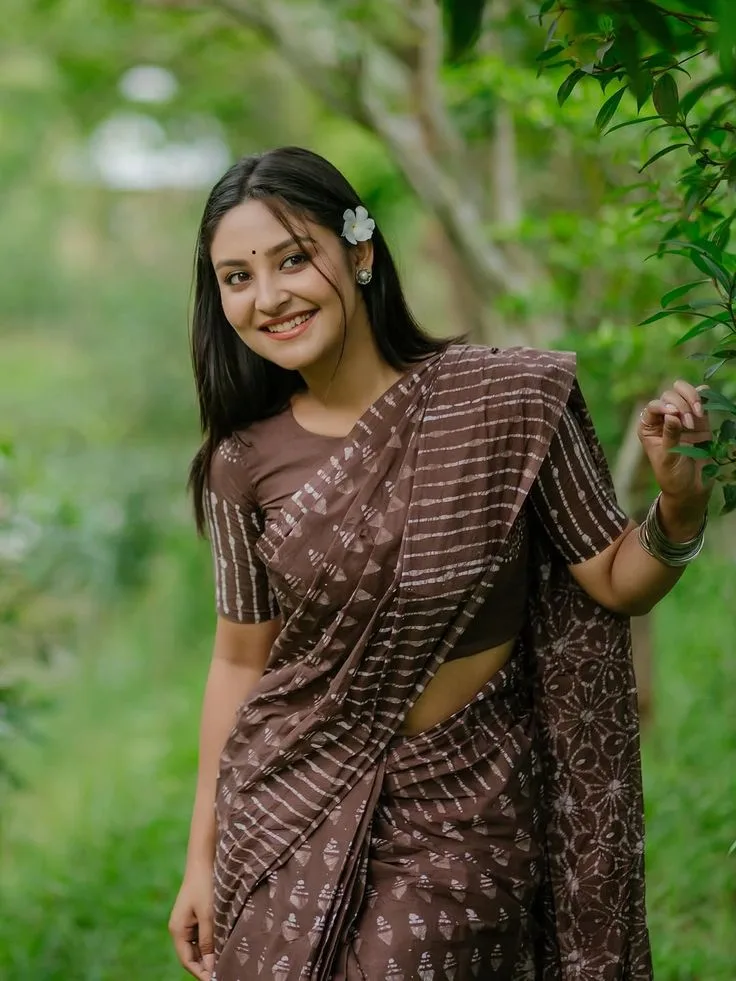 Traditional Brown Batik Cotton Saree Aesthetic, Radiant Ethnic Beauty with Plumeria Blossom, Graceful Garden Saree Lifes