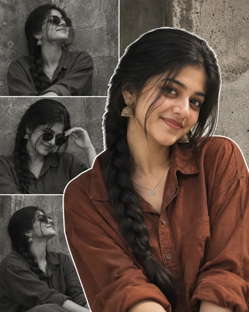Ultra realistic fashion portrait collage of a young woman