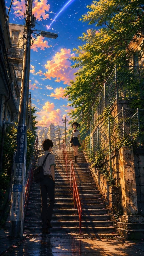 🌸 Anime Couple on Japanese Stairs – Beautiful Sunset Aesthetic Wallpaper