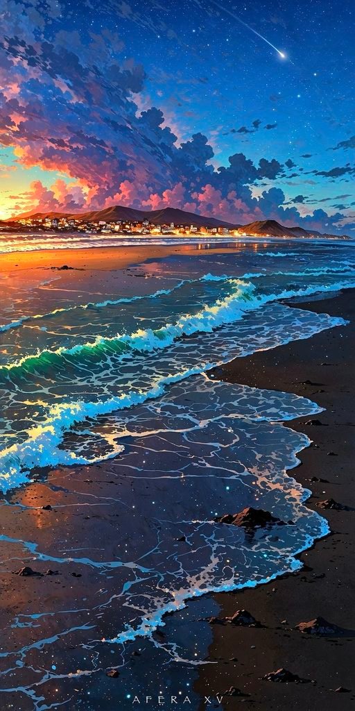 🌊 Anime Sunset Beach Wallpaper – Dreamy Ocean Waves Under a Starry Sky