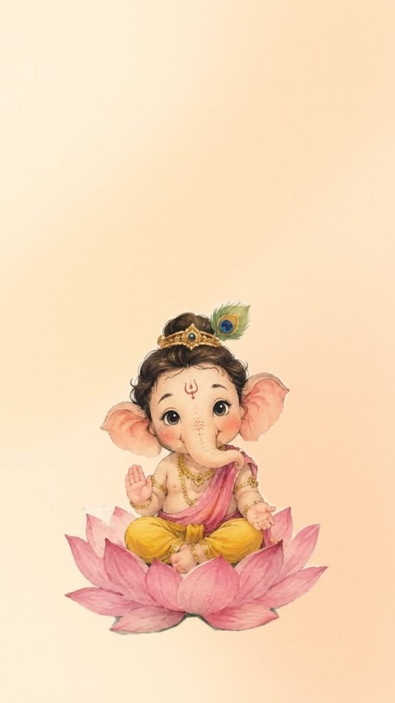 Cute Bal Ganesha on Lotus – Beautiful Ganpati Bappa Aesthetic Wallpaper