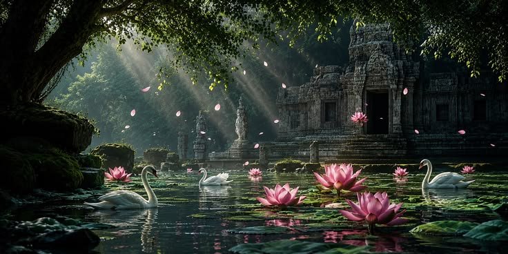 🦢 Swans in a Hidden Lotus Garden