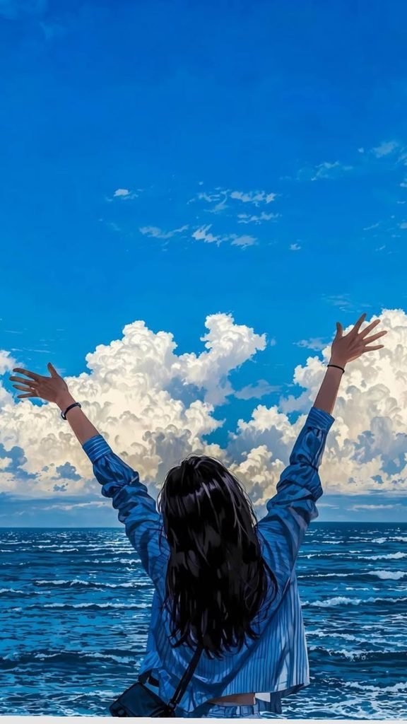 🌊 Anime Girl by the Ocean – Blue Sky and Sea Aesthetic Wallpaper