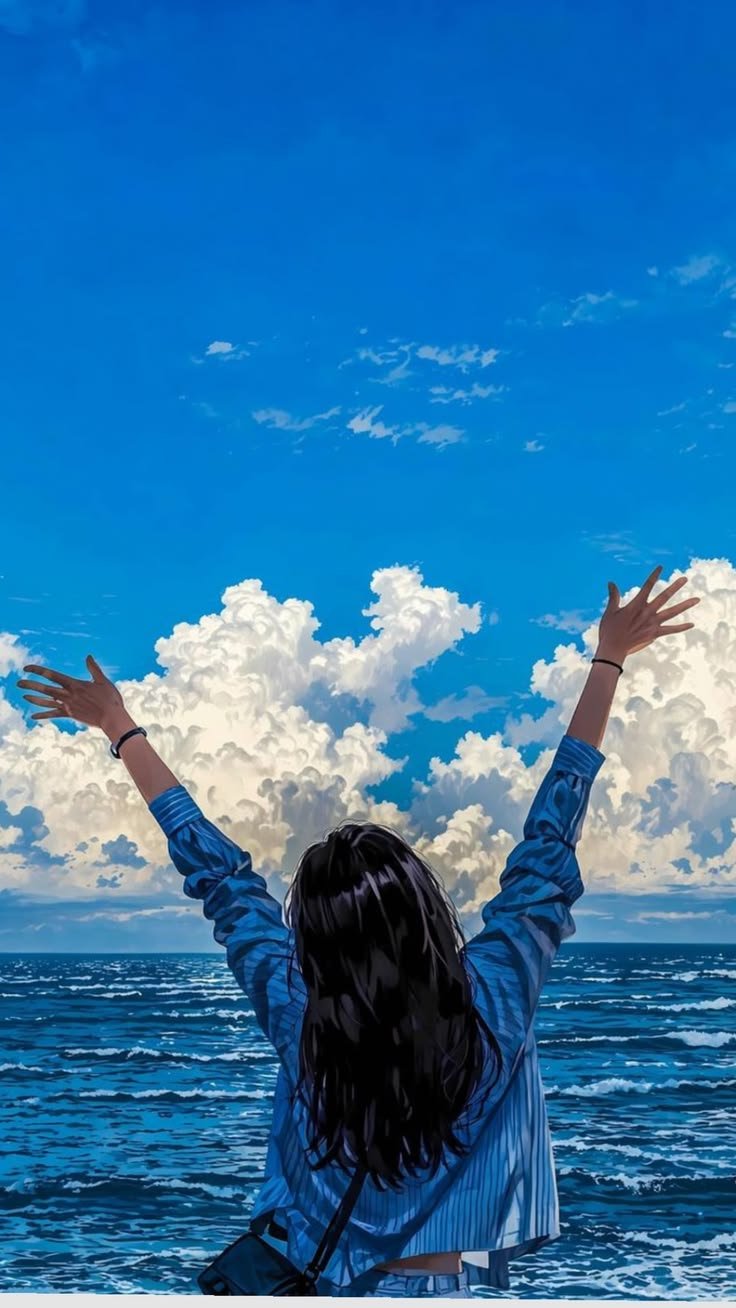 🌊 Anime Girl by the Ocean – Blue Sky and Sea Aesthetic Wallpaper