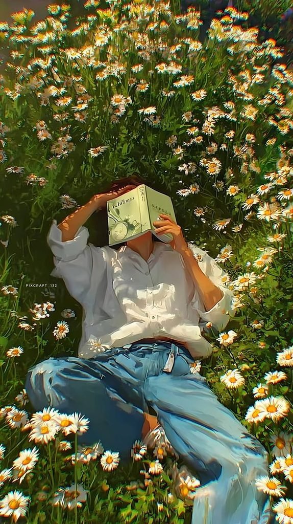 🌼 Anime Girl Reading in a Flower Field – Peaceful Aesthetic Wallpaper