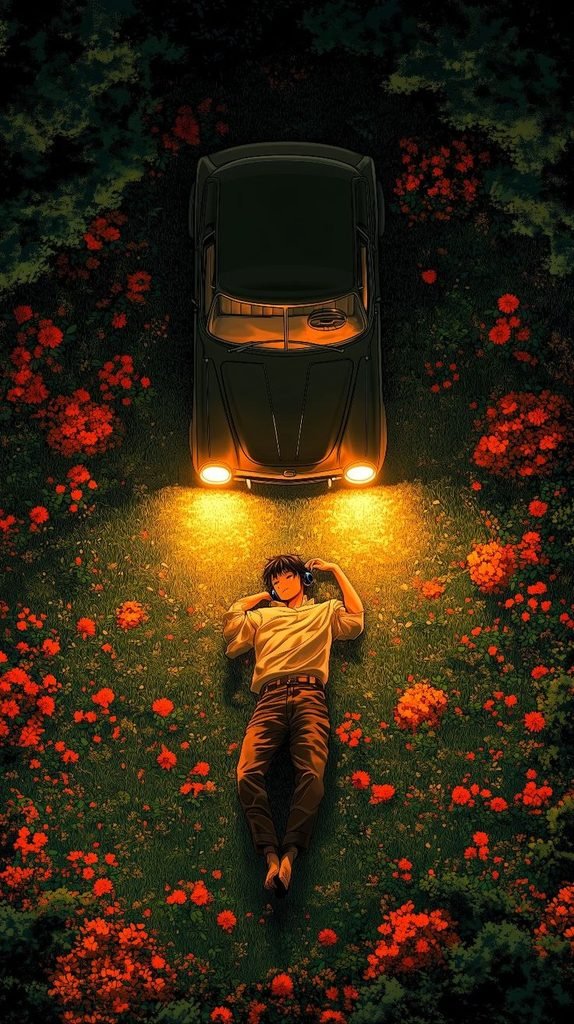 🚗 Anime Night Drive Wallpaper – Car, Flowers and Peaceful Aesthetic Vibes