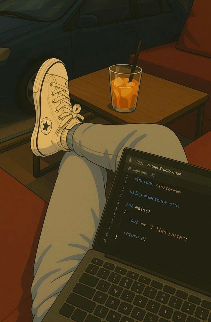 💻 Anime Coding Aesthetic Wallpaper – Laptop, Coffee and Chill Vibes