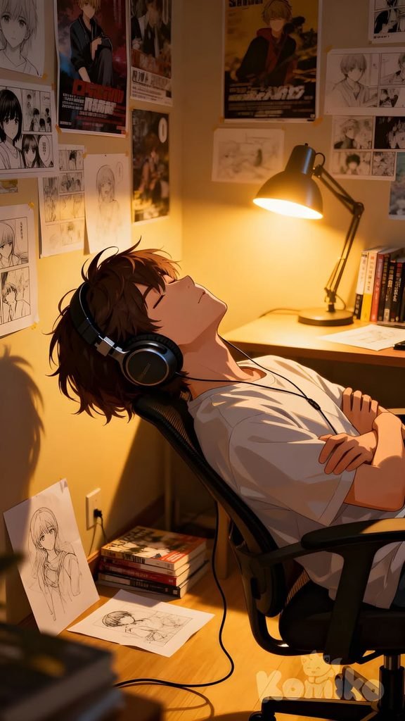 🎧 Anime Boy Relaxing with Headphones – Cozy Room Aesthetic Wallpaper