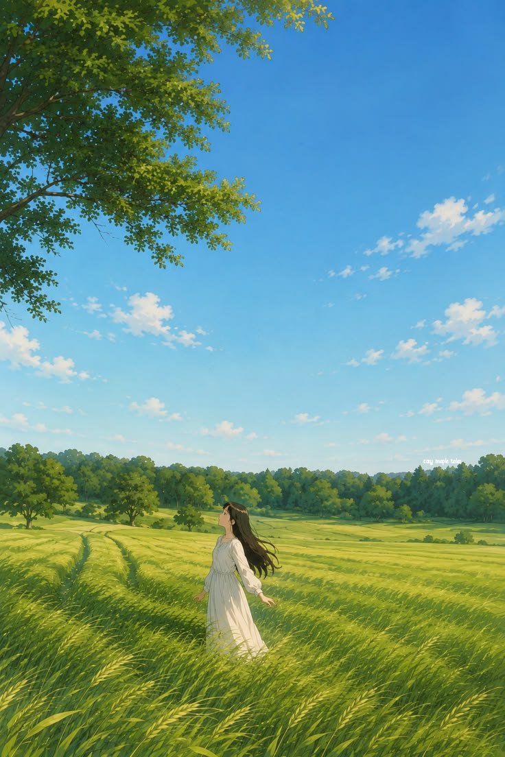 🌿 Anime Girl in Green Fields – Peaceful Summer Nature Wallpaper