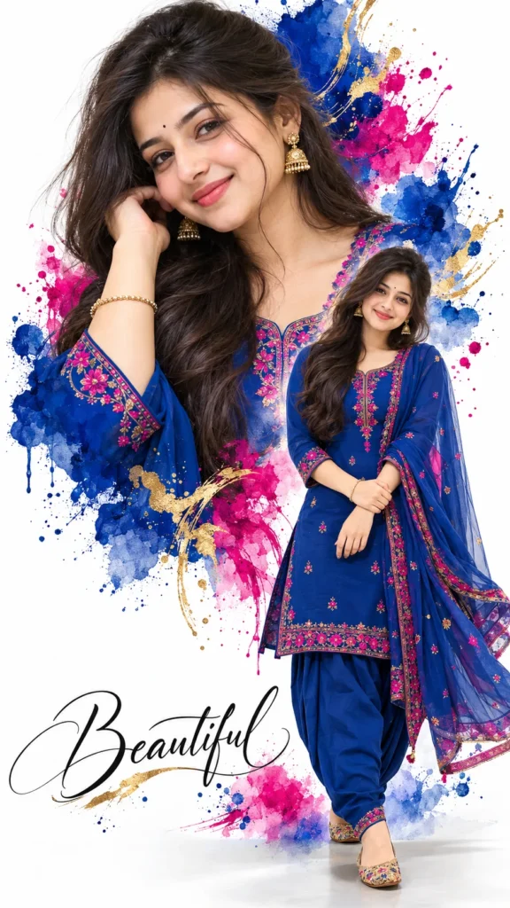 Royal Blue Salwar Suit Double Exposure Portrait of Indian Woman with Magenta Ink Splashes