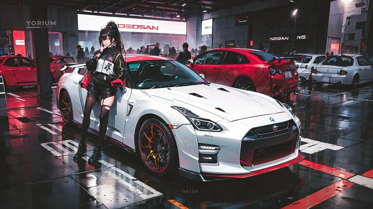 Anime-style Illustration Featuring A White Nissan GT-R Sports Car