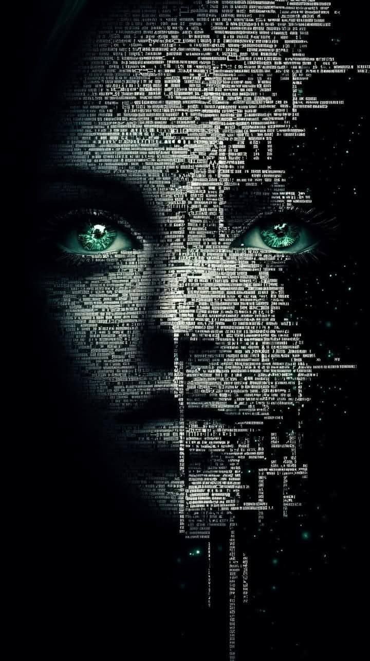 Human Face Composed Of Glowing Binary Code
