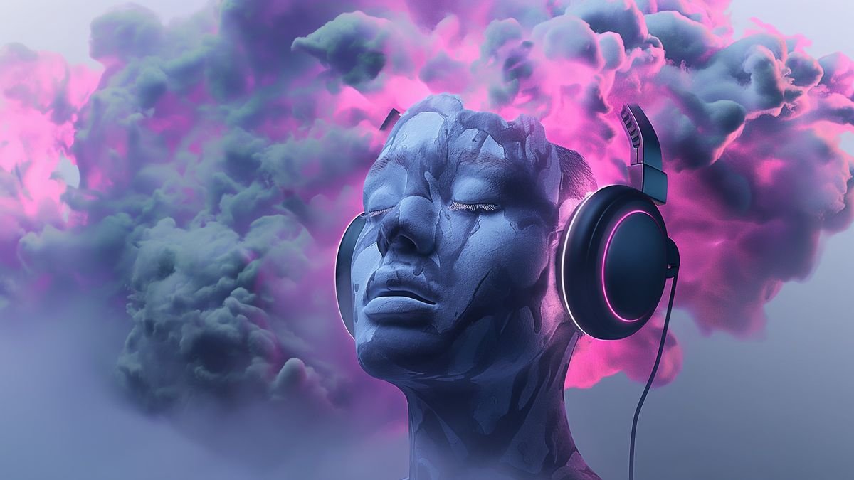 Glowing Headphones With A Cloud Of Pink And Blue Smoke