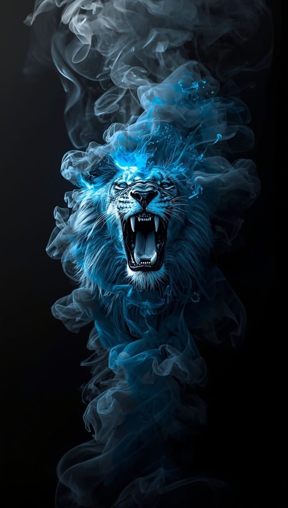  Lion with A Glowing Blue And White Smoke