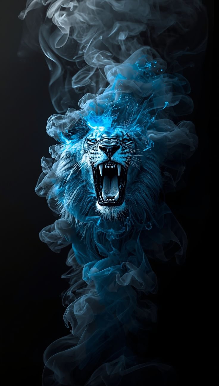  Lion with A Glowing Blue And White Smoke