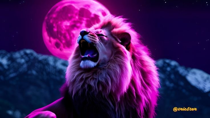 Lion Roaring Against A Glowing Pink Moon And Dark Mountains
