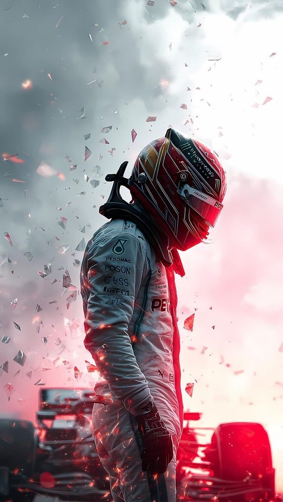 1 Driver In A White Racing Suit With A Red And Black Helmet