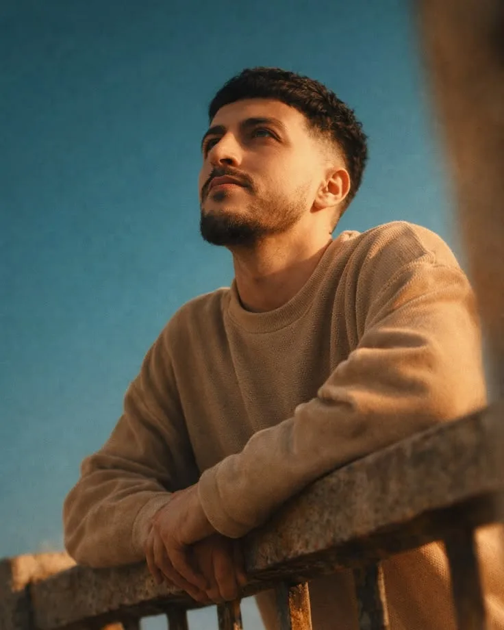 Golden Hour Low-Angle Outdoor Portrait of Young Man Leaning on Balcony Railing