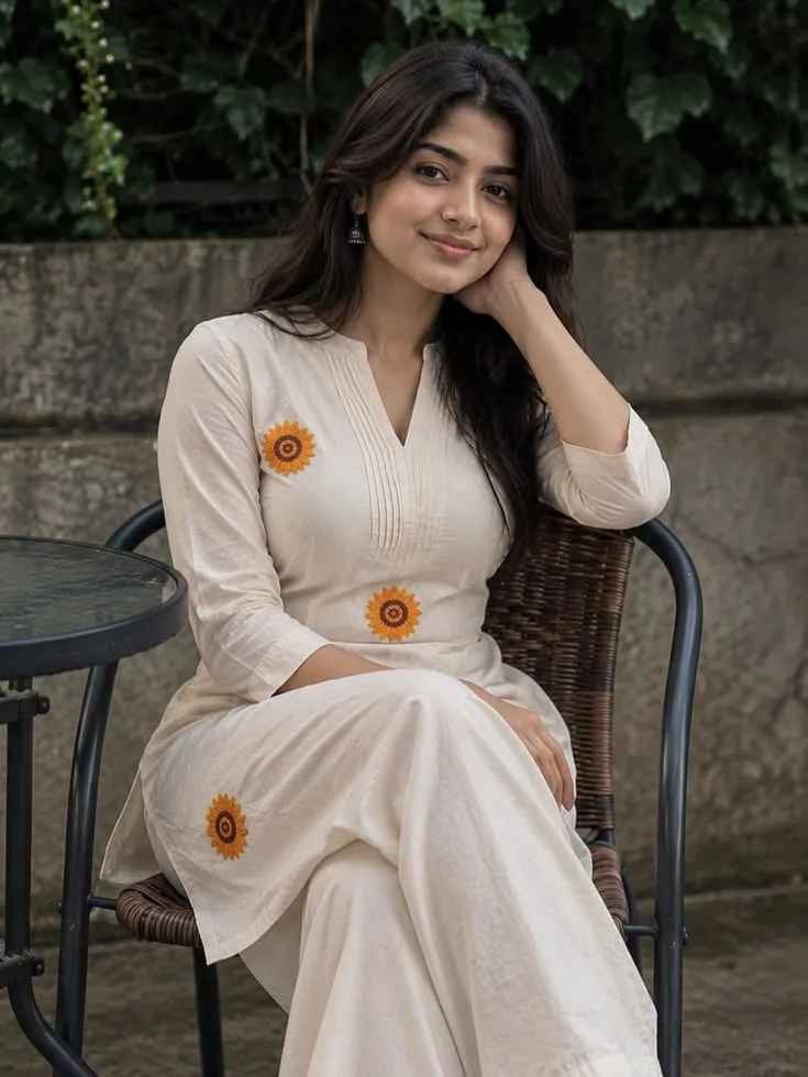 Candid Woman in Sunflower-Embroidered Kurta Sitting Outdoors