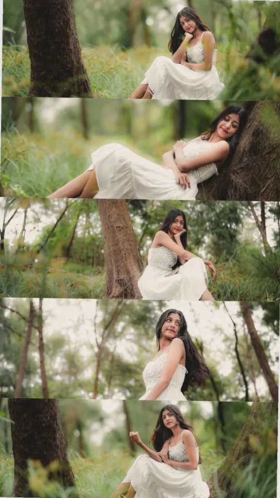 Candid Woman in White Sundress Posing in Forest Meadow Photo Strip